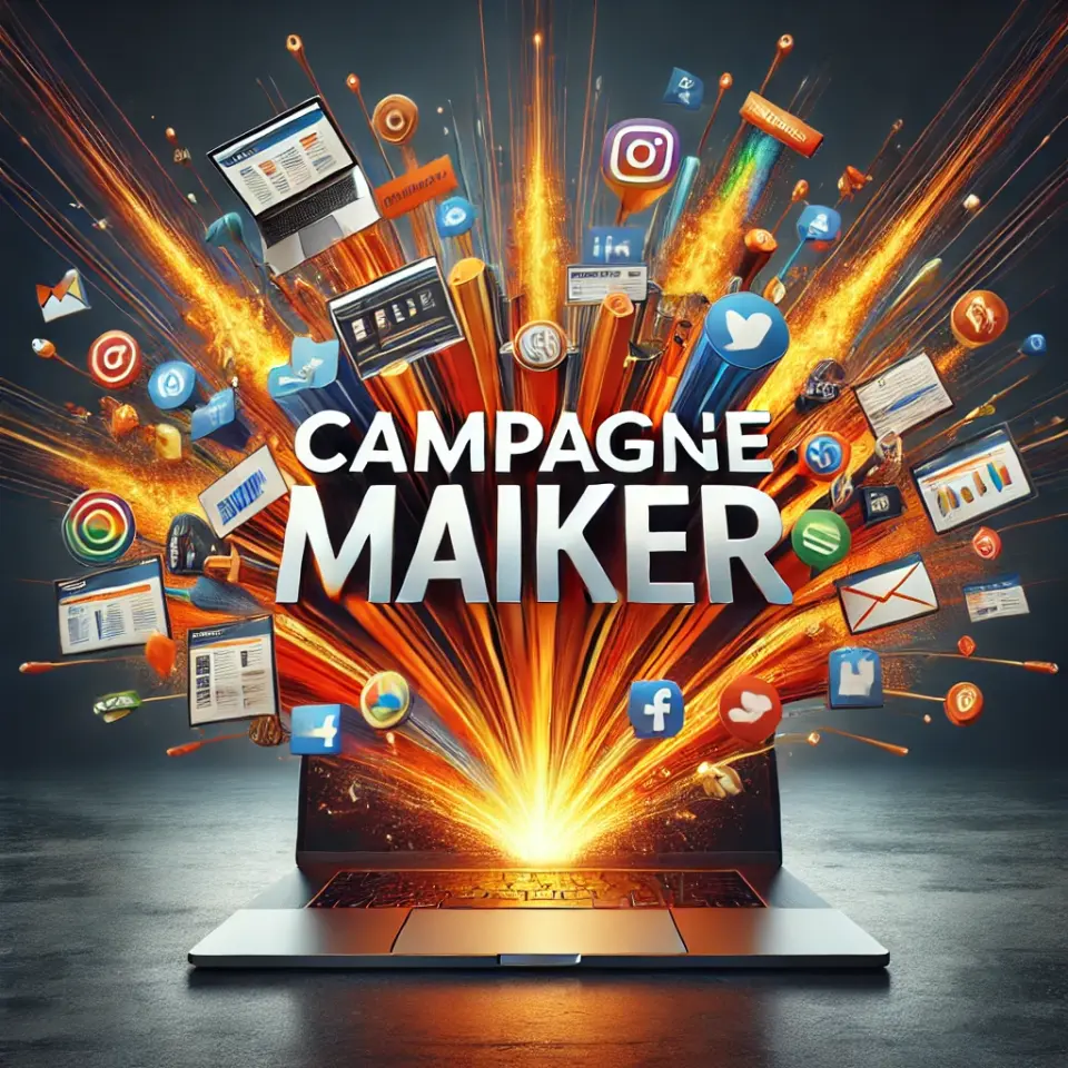 DALL·E 2024 12 30 17.36.05 A visually dynamic concept for the CampagnemAIker® introduction campaign. The image showcases a vibrant explosion of diverse content applications (e.g